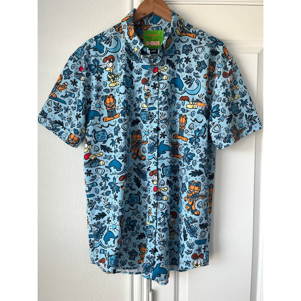 RSVLTS "Garfield Island" Large Kunuflex Shirt Men Button Down Odie Nermal Ocean